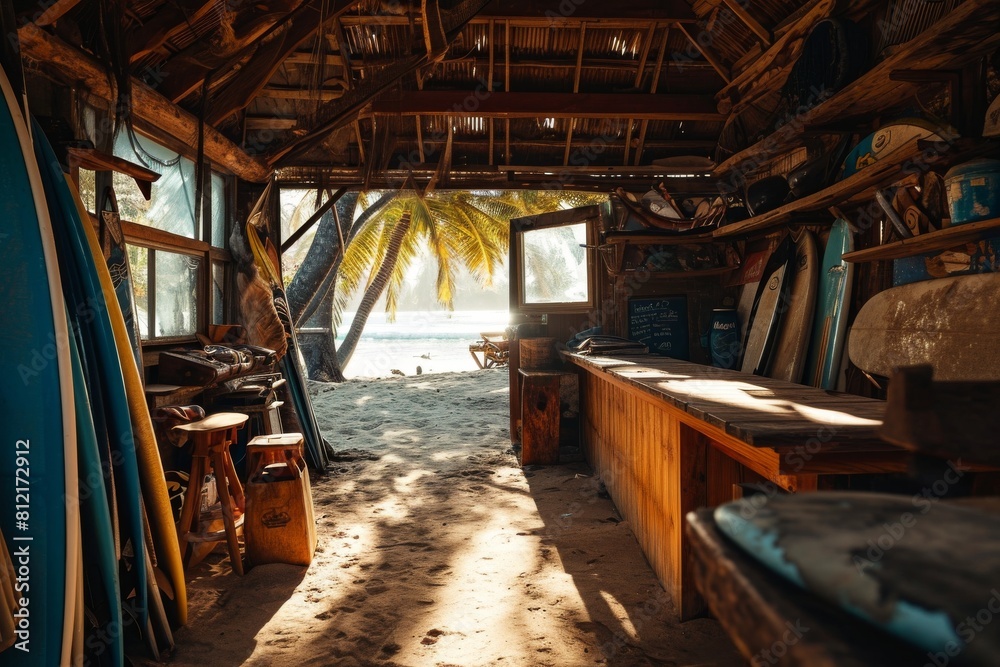 Surfer's beach shack with surfboards strewn all around, Surfer's beach background, Ai generated Surfer's beach shack with surfboards strewn all around, Surfer's beach background, Ai generated