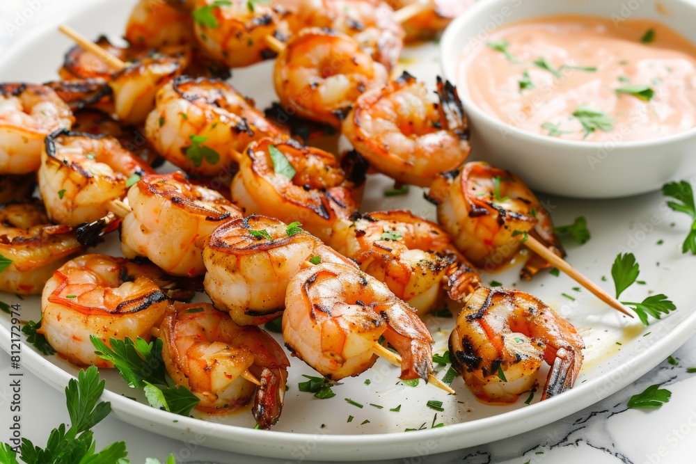 Grilled shrimp skewers with tangy dipping sauce Grilled shrimp skewers with tangy dipping sauce
