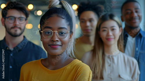 In a modern office environment, a group of millennial individuals looks directly at the camera with smiles, presenting a confident and professional headshot portrait. Keywords Millennial, Group, 
