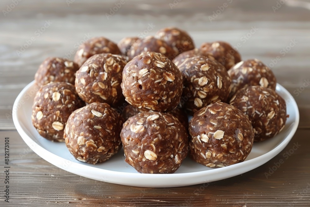Plate of homemade energy bites with dates oats and peanut butter Plate of homemade energy bites with dates oats and peanut butter