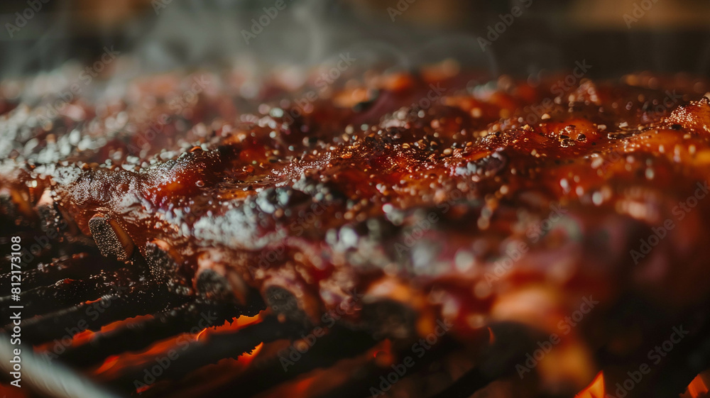 High-resolution capture of succulent BBQ ribs slowly smoking on the grill, natural lighting, vibrant colors. Ai generated