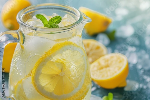 Fresh lemonade in glass pitcher with lemon slices and mint © Karl