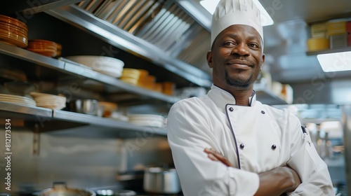 confident african american male chef portrait in commercial kitchen culinary industry