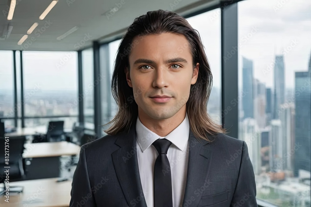 A man with a smile wearing formal wear, tie, and facial hair A man with a smile wearing formal wear, tie, and facial hair