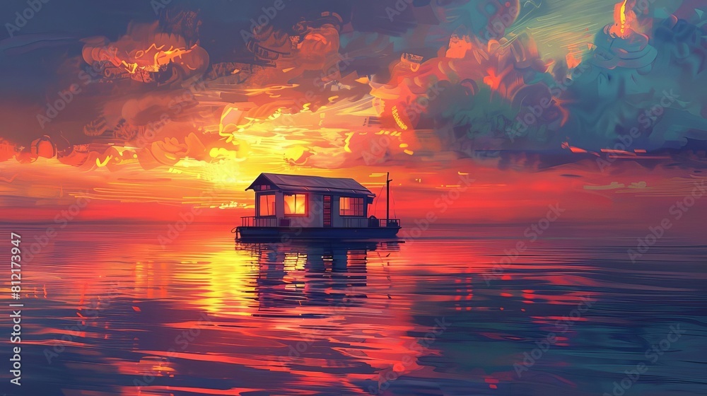 cozy houseboat at sunset calm ocean waves reflecting warm light travel and lifestyle concept digital painting cozy houseboat at sunset calm ocean waves reflecting warm light travel and lifestyle concept digital painting