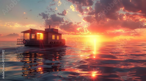 cozy houseboat at sunset calm ocean waves reflecting warm light travel and lifestyle concept digital painting photo