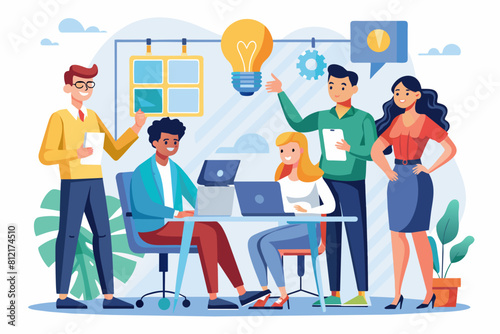 Business team working together  brainstorming  discussing ideas for project. People meeting at desk in office. illustration for co-working  teamwork  workspace concept flat illustration