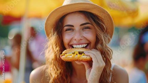 plus size woman with hot-dog at summer