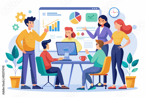 Business team working together, brainstorming, discussing ideas for project. People meeting at desk in office. illustration for co-working, teamwork, workspace concept,flat illustration © ArtfuIInfusion