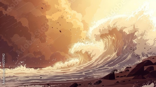 deluge massive wave crashing onto shore biblical scene illustration photo