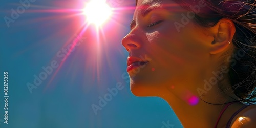 Woman experiencing health issues due to summer heat under the hot sun against the sky. Concept Sun Safety, Heat Exhaustion, Summer Health Tips, Dealing with Heat, Sun Protection