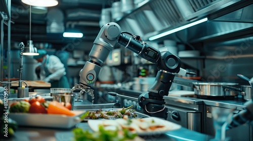 A robotic hand is holding a tomato over a table full of vegetables.