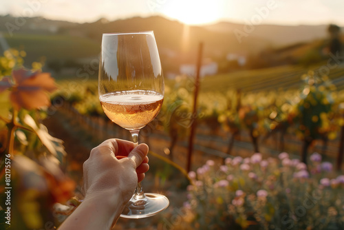 A hand holds a glass of rose wine, on a background of a vineyard.