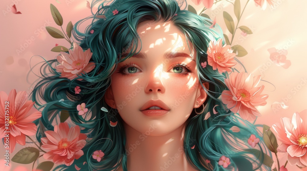 A beautiful woman had a pink background with flowers and leaves, and her hair was teal in color A beautiful woman had a pink background with flowers and leaves, and her hair was teal in color