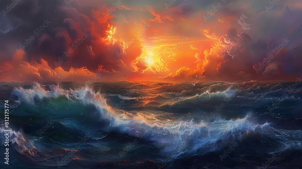 dramatic stormy ocean sunset with crashing waves and moody skies digital painting