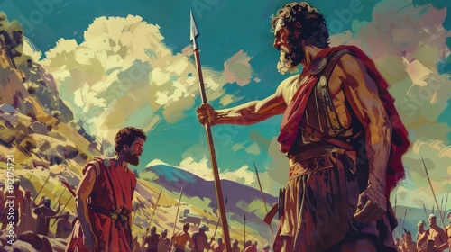 dramatic illustration of david confronting goliath biblical story of courage and faith classic religious art style photo