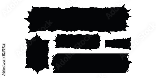 Set of jagged edge shape. Black ripped paper sheet with scratch. Grunge frame collection for sticker, collage, banner. Black illustration isolated on white background
