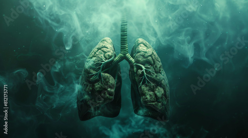 human lungs, medical illustration, underwater, cinematic, dark blue and green, foggy background, semitransparent