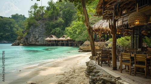 A beach with a wooden hut and a restaurant with a view of the ocean © Sasikharn