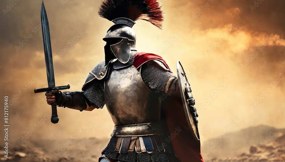 Spartan man in gladiator helmet and red long cloak standing with steel shield and iron spear, sword in hands. Strong roman warrior in battle dress. 1 one, alone greek legionary soldier ready to fight. Spartan man in gladiator helmet and red long cloak standing with steel shield and iron spear, sword in hands. Strong roman warrior in battle dress. 1 one, alone greek legionary soldier ready to fight.