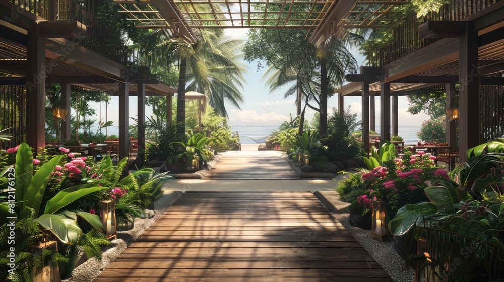 A walkway with a beach in the background and a tropical garden