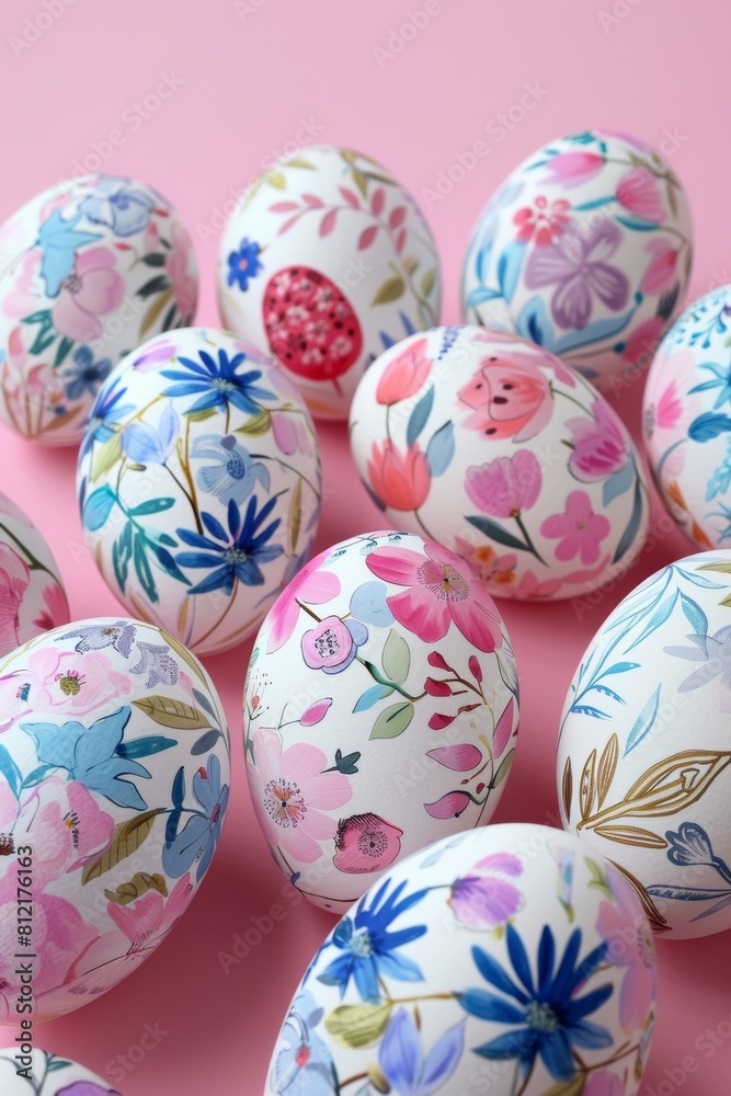 Painted Eggs on Pink Surface Painted Eggs on Pink Surface
