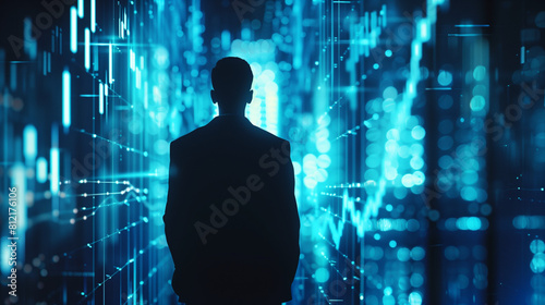 Close up detail of a business man standing in front of a digital hologram of trading chart