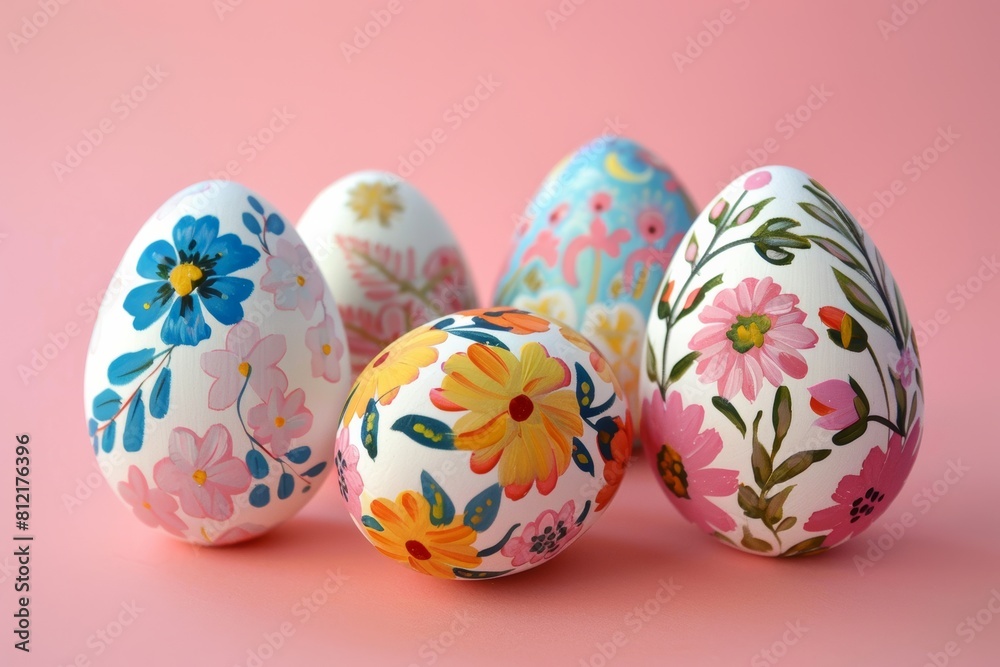 Group of Painted Eggs on Pink Surface Group of Painted Eggs on Pink Surface