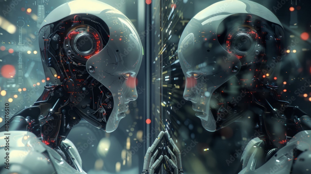 Two robots are reflected in a mirror, one of which has red eyes Two robots are reflected in a mirror, one of which has red eyes
