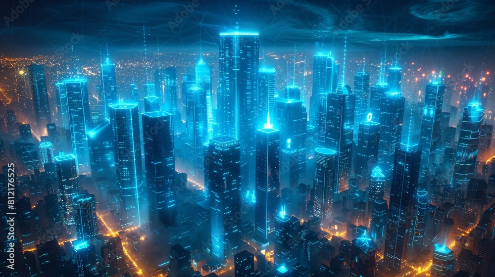 The digital twin of a smart city has buildings and streets surrounded by glowing blue lines forming an abstract cube