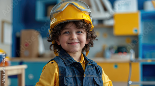 A small child dressed in a yellow construction suit and safety helmet, in a classroom. © Александр Марченко