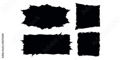 Set of jagged edge shape. Black ripped paper sheet with scratch. Grunge frame collection for sticker, collage, banner. Black illustration isolated on white background
