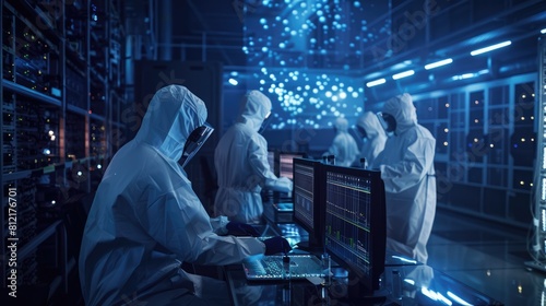 Data scientists work in a modern laboratory of a technology company on the development of a quantum computer. The concept of science, technology, machine learning, big data. AI-generated.