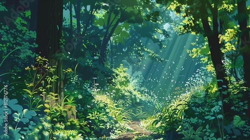 enchanted fantasy green forest with lush plants and magical atmosphere animeinspired digital illustration