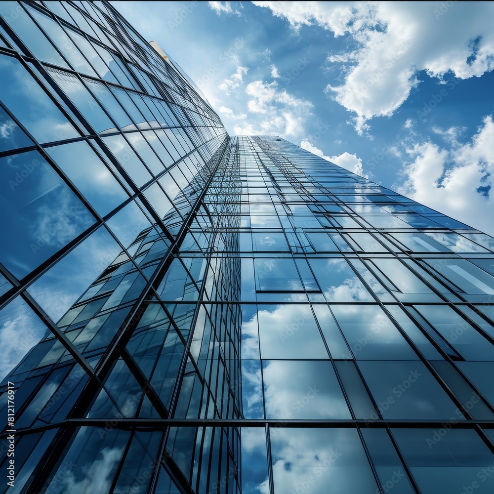 Reflective skyscrapers, business office buildings, photography of glass curtain wall details of high-rise buildings. The window glass reflects the blue sky and white clouds, AI generated