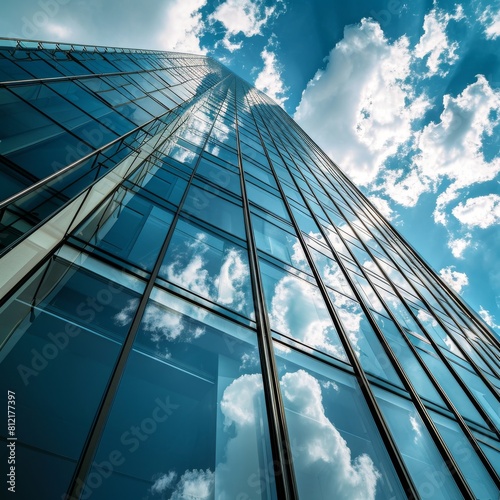 Reflective skyscrapers  business office buildings  photography of glass curtain wall details of high-rise buildings. The window glass reflects the blue sky and white clouds  AI generated