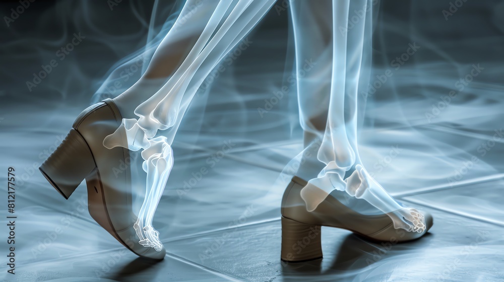custom made wallpaper toronto digitalThe image shows a pair of beige heels with a ghostly foot stepping in it. The ghostly foot is x-rayed, showing the bones. The background is grey and the floor is tiled.