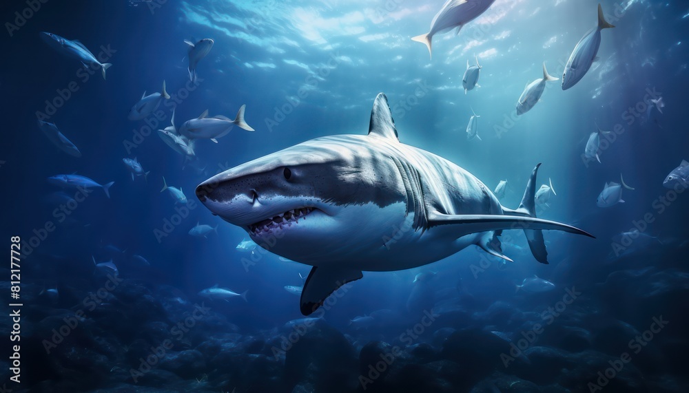 The great White Shark in the ocean, portrait of White shark hunting prey in the underwater The great White Shark in the ocean, portrait of White shark hunting prey in the underwater
