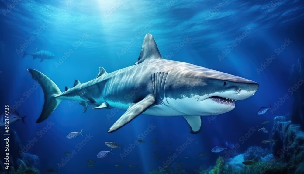 Fototapeta premium The great White Shark in the ocean, portrait of White shark hunting prey in the underwater