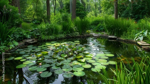 Serene pond with lily pads and surrounding greenery  a hidden gem in the heart of a lush garden