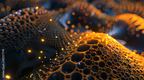 Luminous Matrix: Regular Black Fractal Ferrofluidal with Glowing Orange Holes. Generative AI