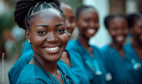 Happy team of black female medical student nurses in protective blue hospital scrubs. Group of young african american intern doctors midwives. Inclusion & diversity in healthcare