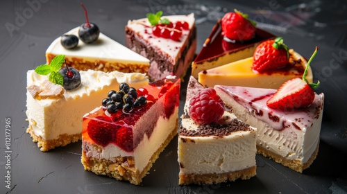 Slices of rich cheesecake with various toppings, cleanly presented