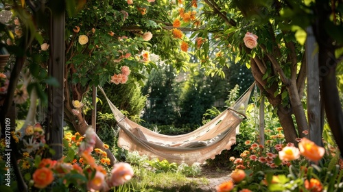 Small garden nook with a cozy hammock strung between two trees, surrounded by dense floral blooms