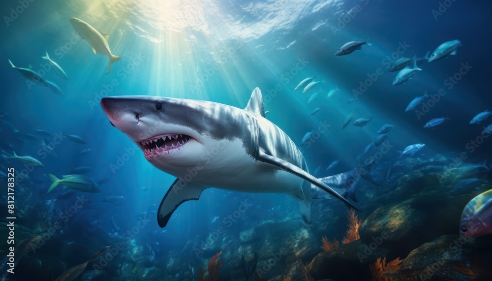 Naklejka premium The great White Shark in the ocean, portrait of White shark hunting prey in the underwater