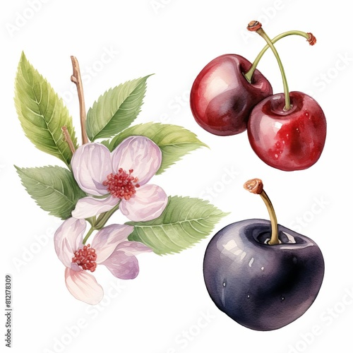 Red and black cherries with leaves and flowers, watercolor illustration on white background