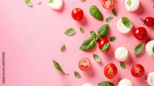Cherry tomatoes  mozzarella balls  and basil leaves arranged on a pink background. Flat lay composition. Italian cuisine and fresh ingredients concept for design and print.