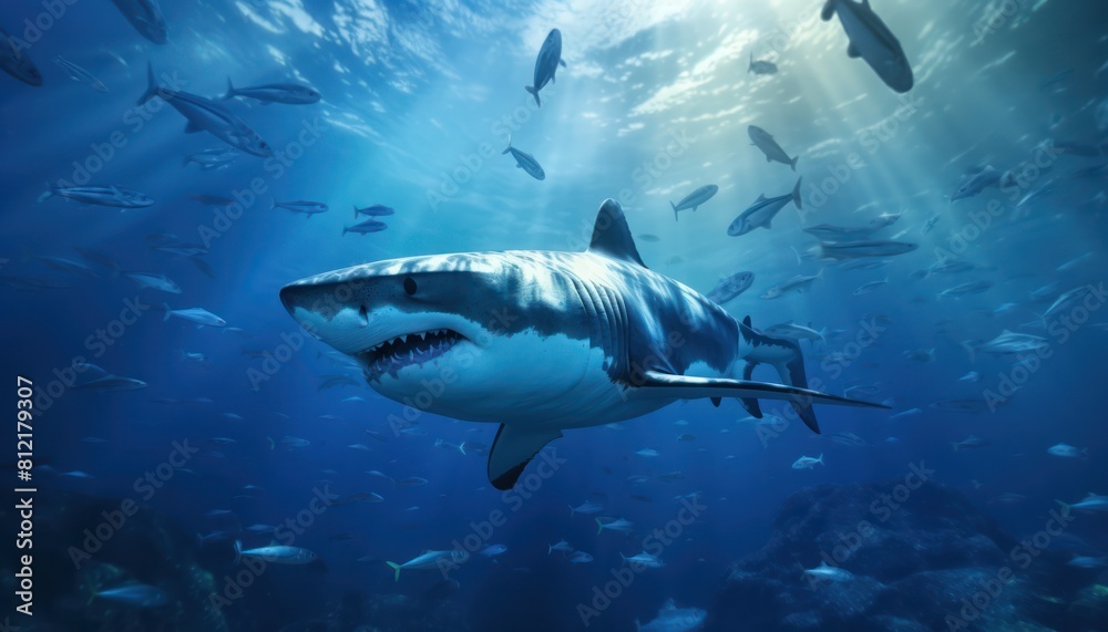 The great White Shark in the ocean, portrait of White shark hunting prey in the underwater