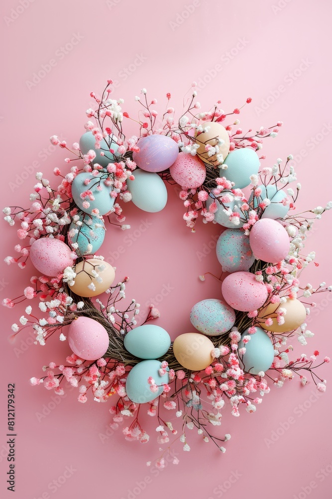 Easter Wreath With Eggs and Flowers on Pink Background Easter Wreath With Eggs and Flowers on Pink Background