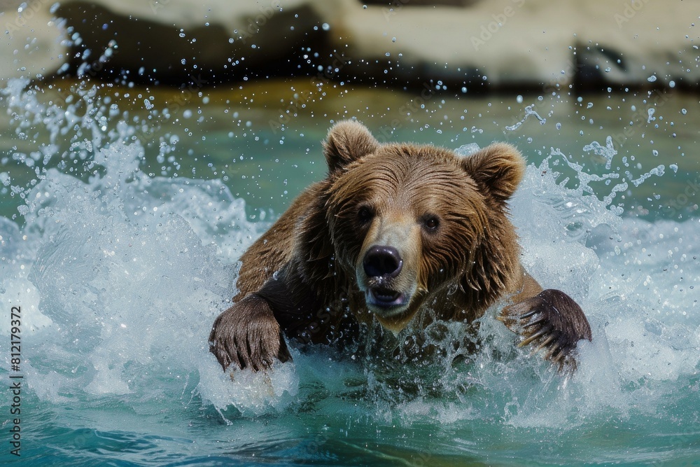 Instinctive Bear diving river. Nature wild animal. Generate Ai Instinctive Bear diving river. Nature wild animal. Generate Ai